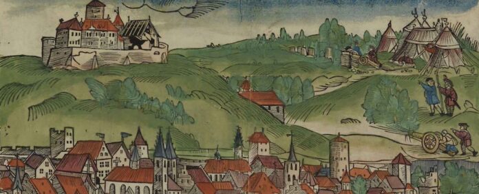 Angriff auf die Festung Marienberg. Aus: Conterfei etlicher Kriegshandlungen von 1523 bis in das Jahr 1527 (Reproduktion nach 1527). Foto: Staatsbibliothek Bamberg, RB.H.bell, f. 1, fol. 67. Foto: Gerald Raab (aus der Bauernkriegs-Ausstellung des Museums für Franken)