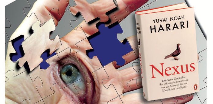 Harari_Nexus_Geist Bietet „KI“ totale Beobachtung, Handlung oder Fragment? KI-generierte und irritierende Zusammenstellung „echter“ Details. Buchcover. Fotos: pixabay/PR