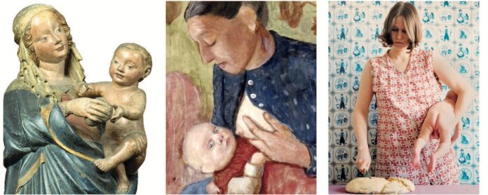 Muetterbilder_Kunstpalast_Duesseldorf Von links: Muttergottes, um 1400. Foto: Horst Kolberg (© Kunstpalast – ARTOTHEK). Paula Modersohn-Becker: Stillende Mutter, 1902. Foto: Joshua Esters (Stiftung Museum Kunstpalast, LVR-ZMB). Judith Samen: Brotschneiden, 1997. Foto: © Judith Samen. Stiftung Museum Kunstpalast, Düsseldorf.
