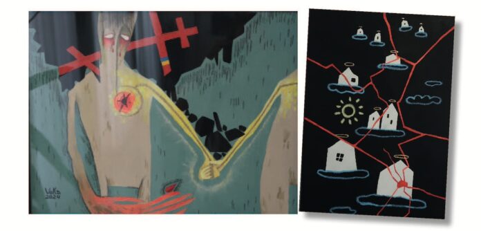 Seite_Kateryna Vodiana_Caritas_Pirckheimer_Haus Bilder Vodianas „Ich werde das mit dir teilen“ und „Über jedes Haus, das nicht mehr existiert, das nicht mehr repariert werden kann“ in der Ausstellung des Caritas-Pirckheimer-Hauses. Fotos: Borée