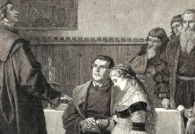 Nonne im Fass, Mönch im Zweifel Luthers Trauung: Holzstich nach einem Gemälde von Paul Thumann (1834–1908). Detail aus einem akg-Bild