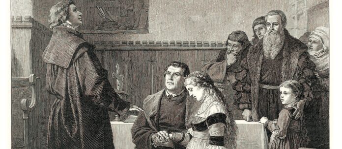 Luthers Trauung: Holzstich nach einem Gemälde von Paul Thumann (1834–1908). Detail aus einem akg-Bild