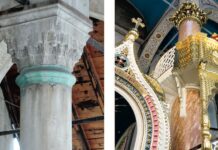 Mythen der eigenen Opferrolle überwinden Säulen in der zentralen Karadoz-Beg-Moschee in Mostar und in der Serbisch-Orthodoxen Mariä-Geburt-Kathedrale in Sarajevo. Fotos: Borée