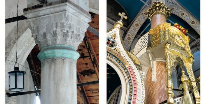 Säulen in der zentralen Karadoz-Beg-Moschee in Mostar und in der Serbisch-Orthodoxen Mariä-Geburt-Kathedrale in Sarajevo. Fotos: Borée