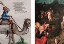 Kokosnüsse, Kanonen und Karten „Mammaluck“ auf einem Dromedar, Guldenmund-Druckblatt um 1530 (links). Jesus im Garten Gethesemane, Teil eines Flügelaltars von Hans Traut um 1485 (rechts). Beide Objekte aus der Ausstellung „Nürnberg global“ im Germanischen Nationalmuseum. Fotos: Borée