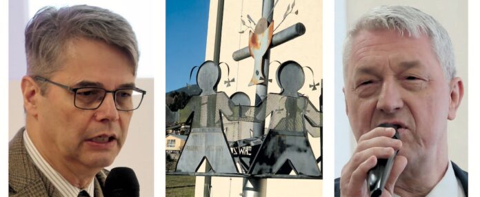 Superintendent Wolfgang Rehner (links) und Akademieleiter Dr. Frank Hiddemann in Bad Kissingen. Skulptur beim Evangelischen Diözesanmuseum Fresach in Kärnten – in der Nachbarschaft zur Steiermark. Fotos: Borée