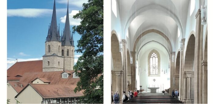 Hier könnte in Zukunft eine Jugendkirche ihr Zuhause finden. Die renovierte Schottenkirche St. Nikolai und Jakobi (links). In der Mühlhäuser Jakobikirche ist nun die modern ausgestattete Stadtbibliothek untergebracht. Fotos: Kirch