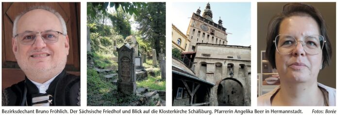 Bezirksdechant Bruno Fröhlich. Der Sächsische Friedhof und Blick auf die Klosterkirche Schäßburg. Pfarrerin Angelika Beer in Hermannstadt. Fotos: Borée
