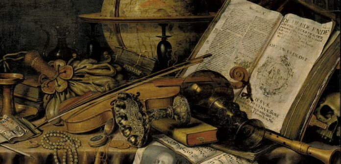 Vanitas_akg Edwaert Collier: Vanitas (Eitelkeit)-Stillleben, 1662: Was zählt? Musik, Gedrucktes oder Erforschtes? (Detail) Bild: Metropolitan Museum of Art New York (akg)