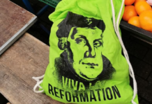 Luther, die Quietscheente und ich „Viva la Reformation“: Martin Luther begleitet mich stilvoll beim Einkauf auf dem Wochenmarkt. Foto: Wollschläger